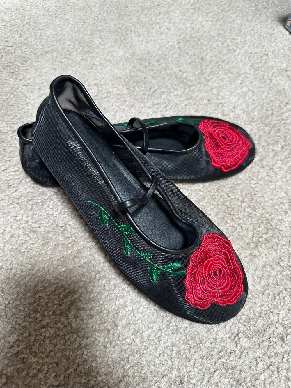 Jeffrey Campbell Black Ballet Flats with Red Rose Embroidery and Green worn twic